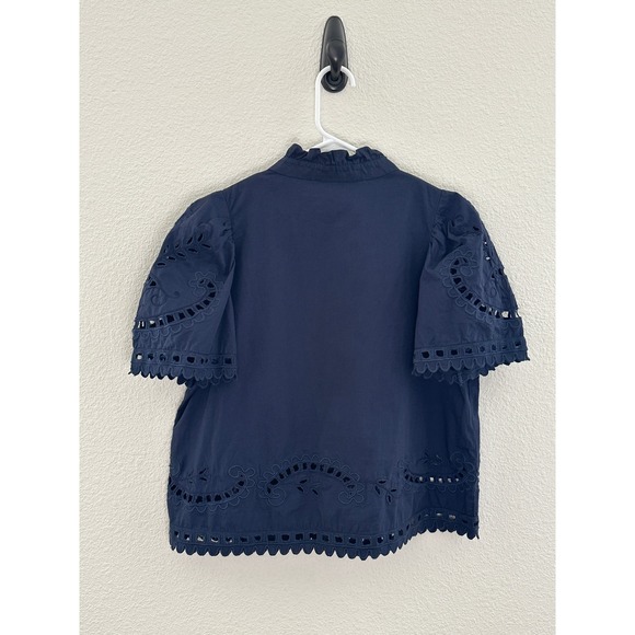 Sea New York Santos Eyelet Blouse Navy Blue Ruffle Puff Sleeve Cotton Top Small - Picture 4 of 8